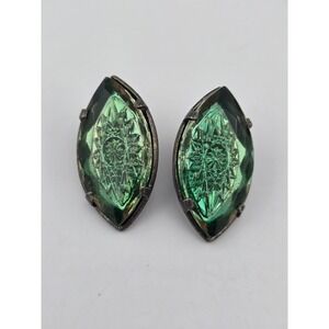 Vintage Intaglio Cadmium Glass Marquise Clip‎ On Earrings